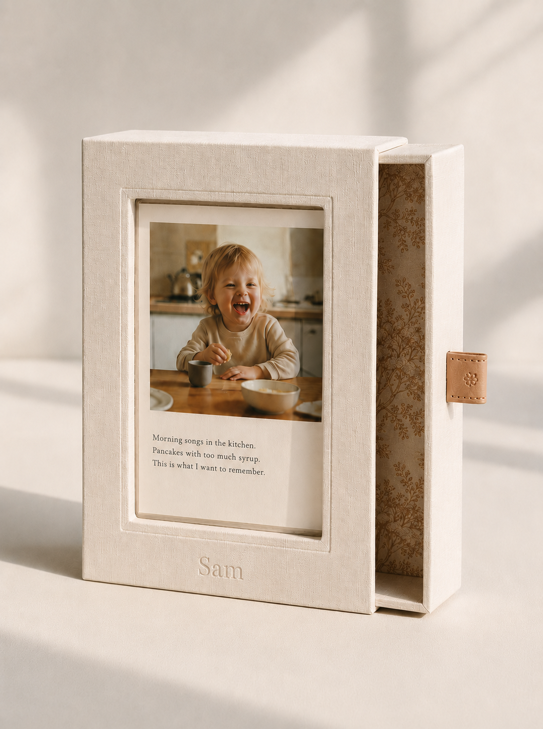 The Note keepsake box standing upright on a shelf, a printed story postcard displayed in its cover window.