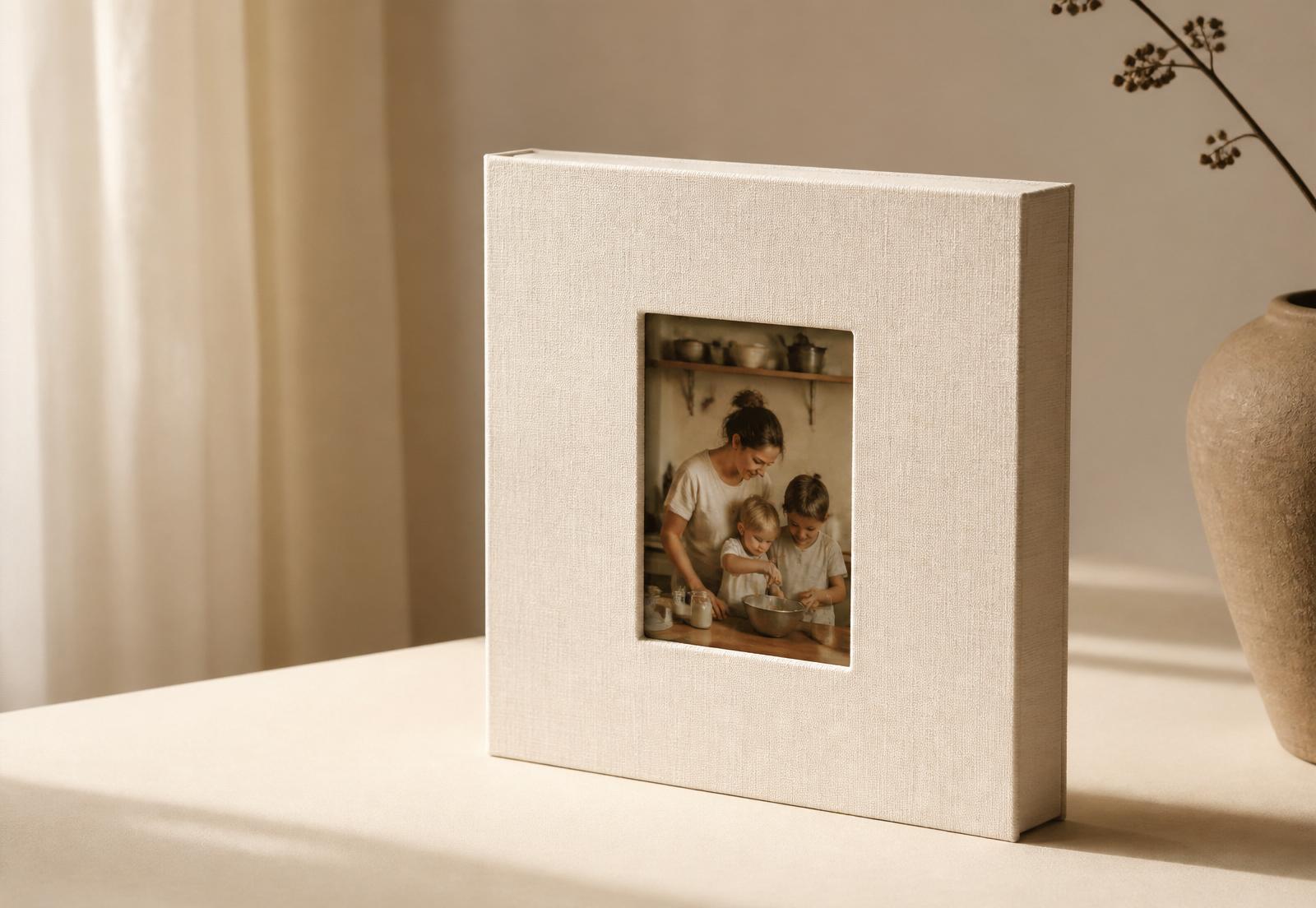 A cream linen keepsake box with a postcard visible in its front window, resting on cardstock beside a stoneware vase.
