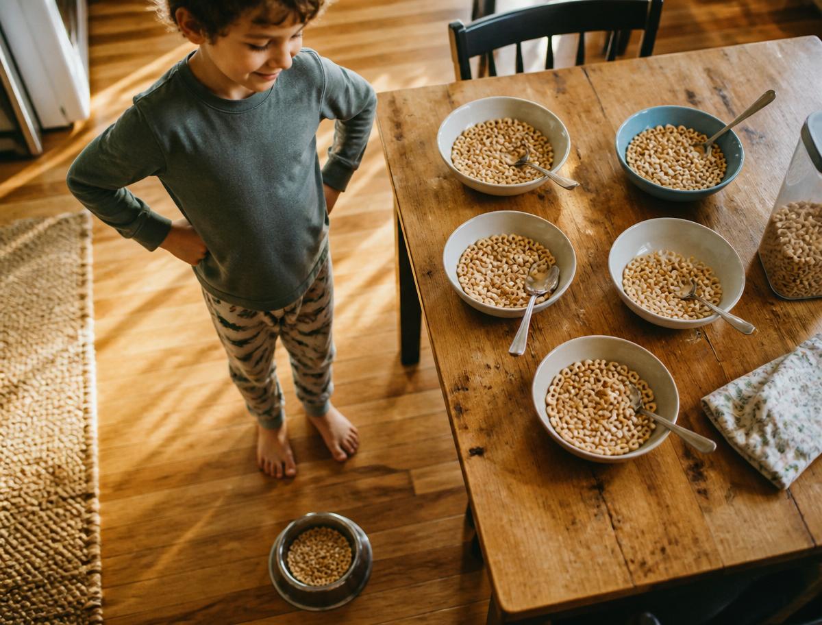 A candid kitchen-table photograph of a small child standing beside five bowls of cereal at breakfast.